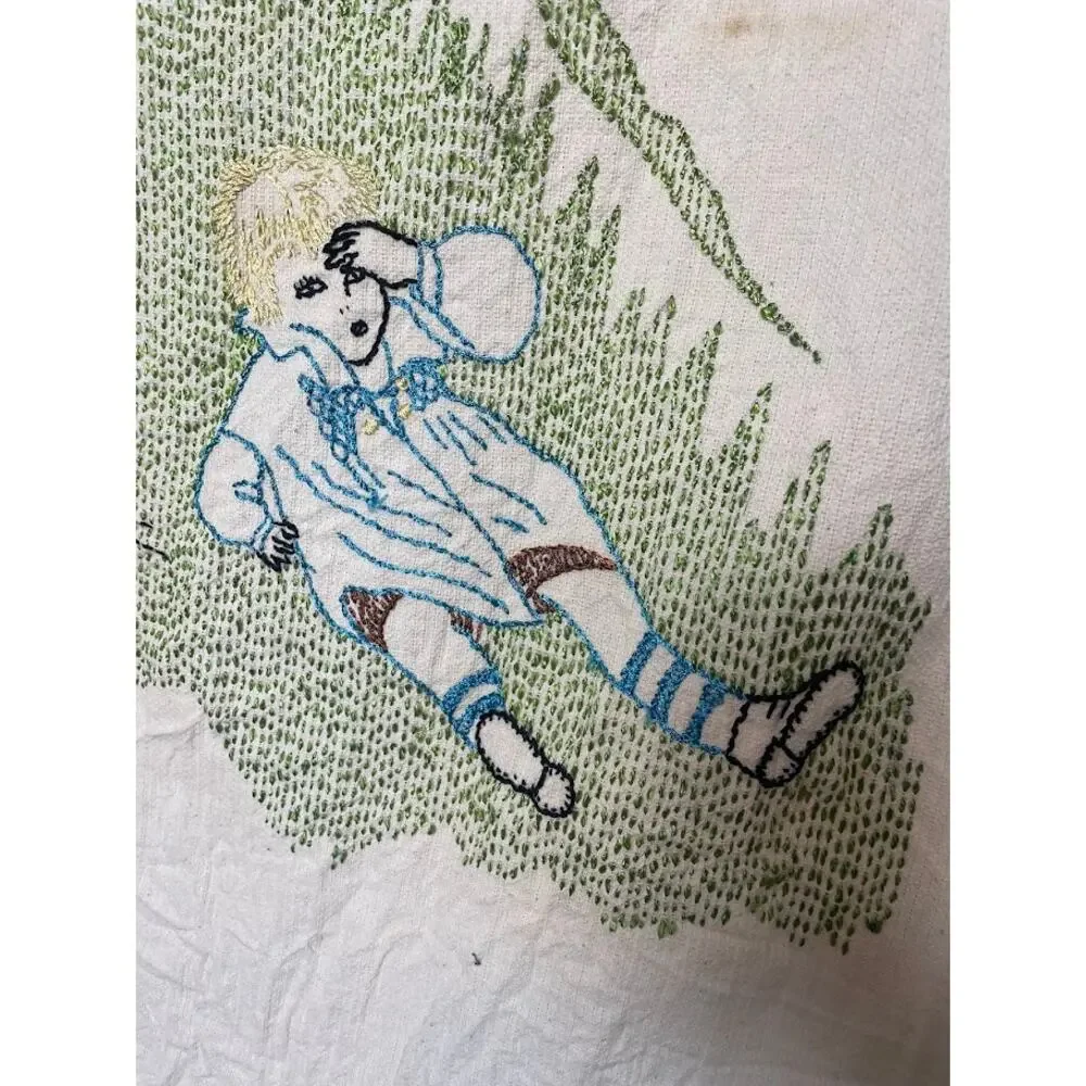 Vintage Hand Embroidered Baby Blanket Jack and Jill Nursery Rhyme Rare 60's 70's